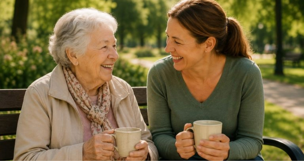 A companion and elderly person enjoying a warm moment together outdoors over a cup of tea