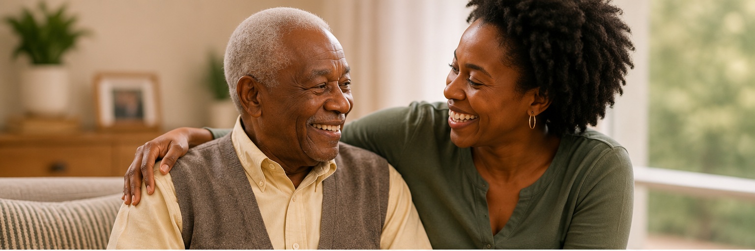 A companion sharing a warm moment with an elderly person at home